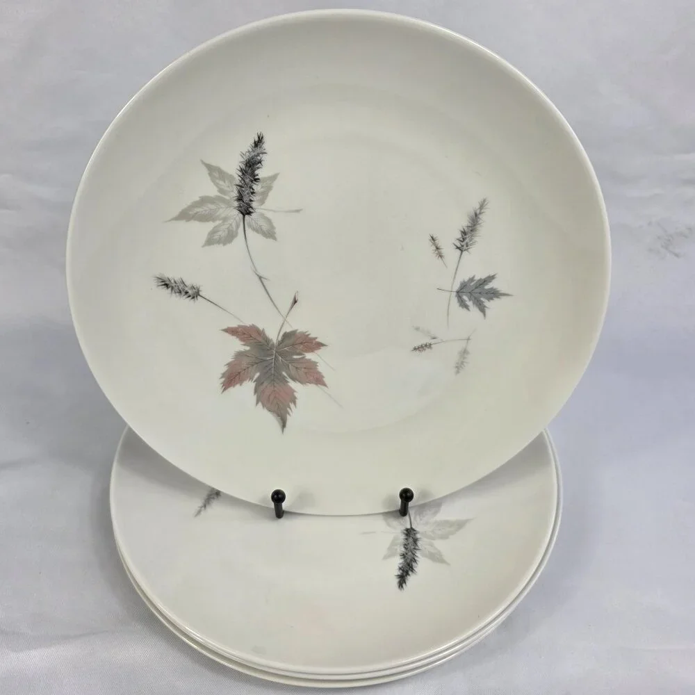 FOUR Royal Doulton Tumbling Leaves Dinner Plates Gray & Pink Leaves